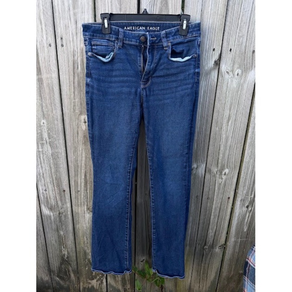 Boho Indie American Eagle High-Rise Skinny Kick Jeans 8 Blue Raw Hem Flare